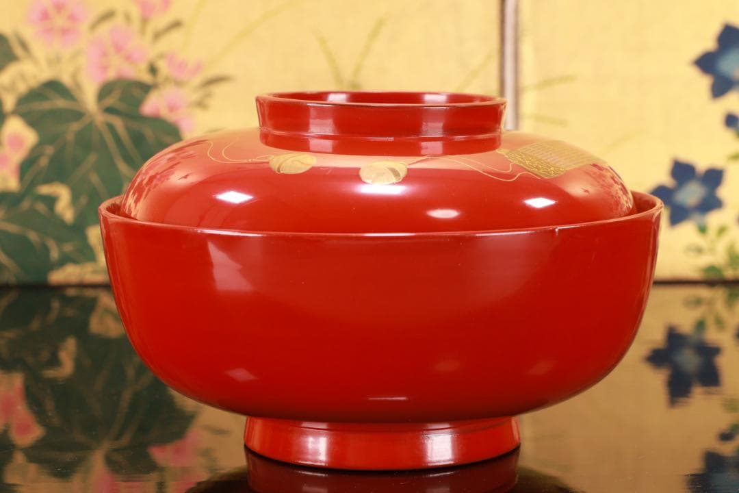 BK106　時代輪島塗　雅楽楽器図金蒔絵　吸物椀　五客　木製　懐石 会席 菓子