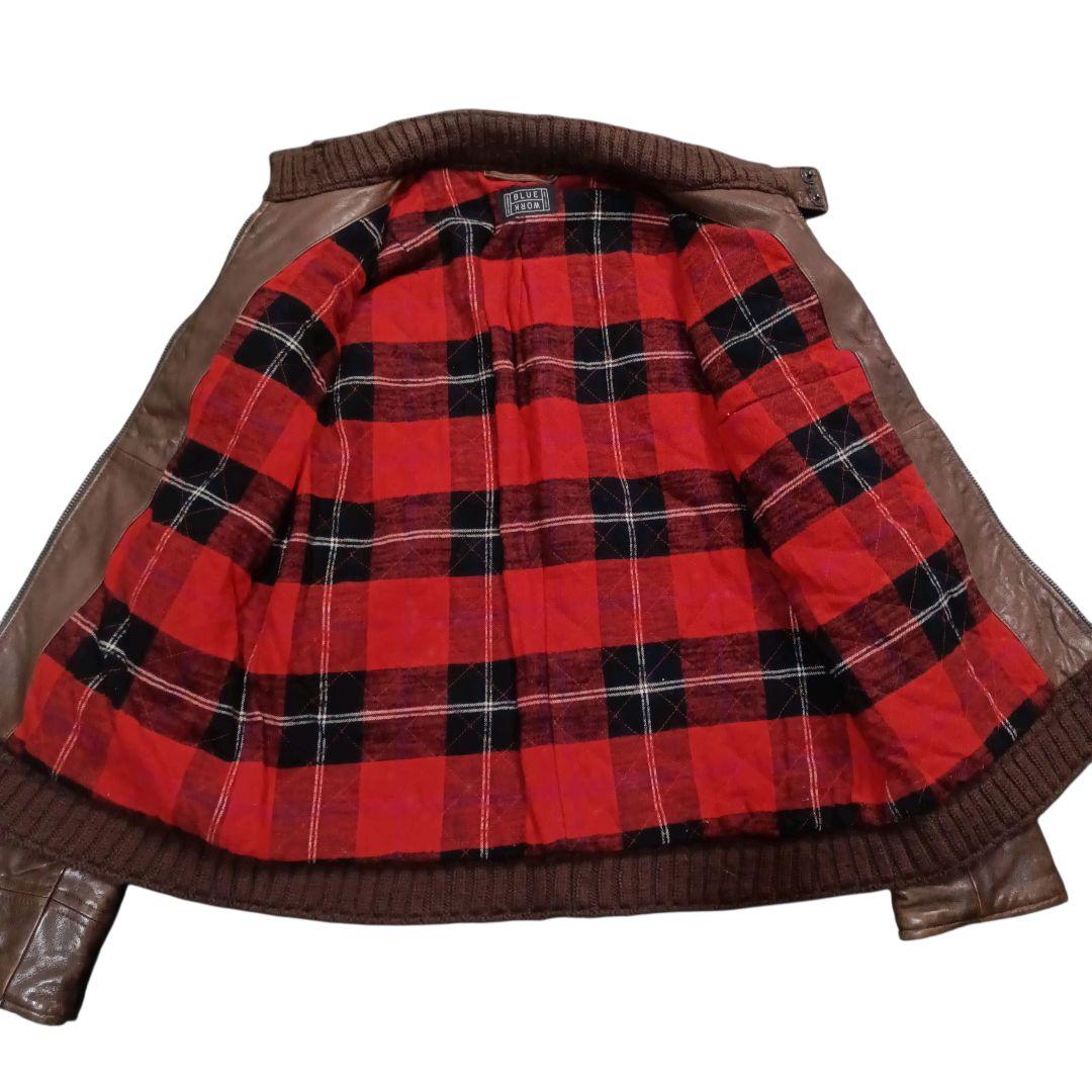 ✨BLUE WORK ラム 裏地チェック 立襟 riri シングルライダース