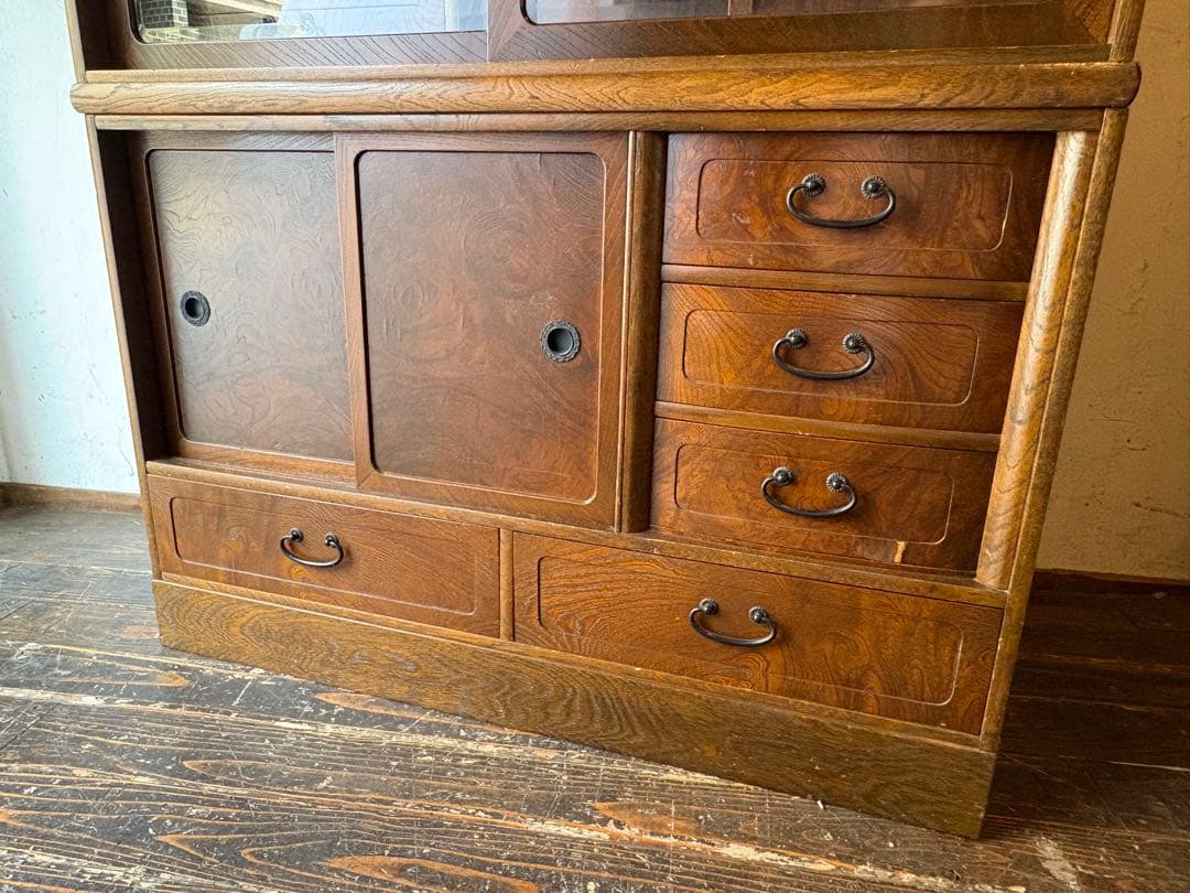 茶棚 木製ガラス扉付きタンス 水屋　飾り棚　違棚　アンティーク　レトロ