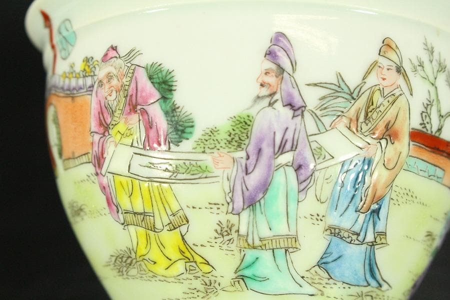 中国美術 粉彩色絵 宮廷人物紋 遊台 漆蓋碗 居仁堂製 希少(LC257)