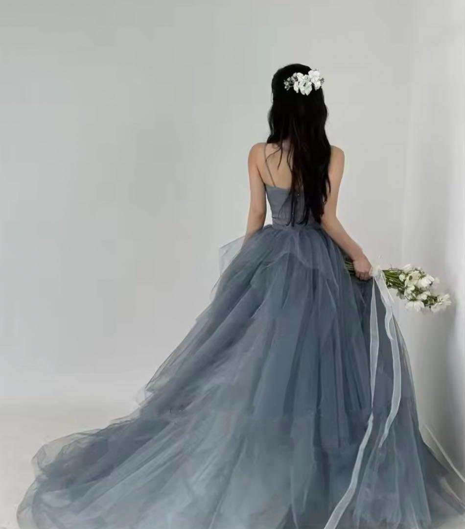 【美品】カラードレス　韓国Aラインイブニングドレス　ブルー