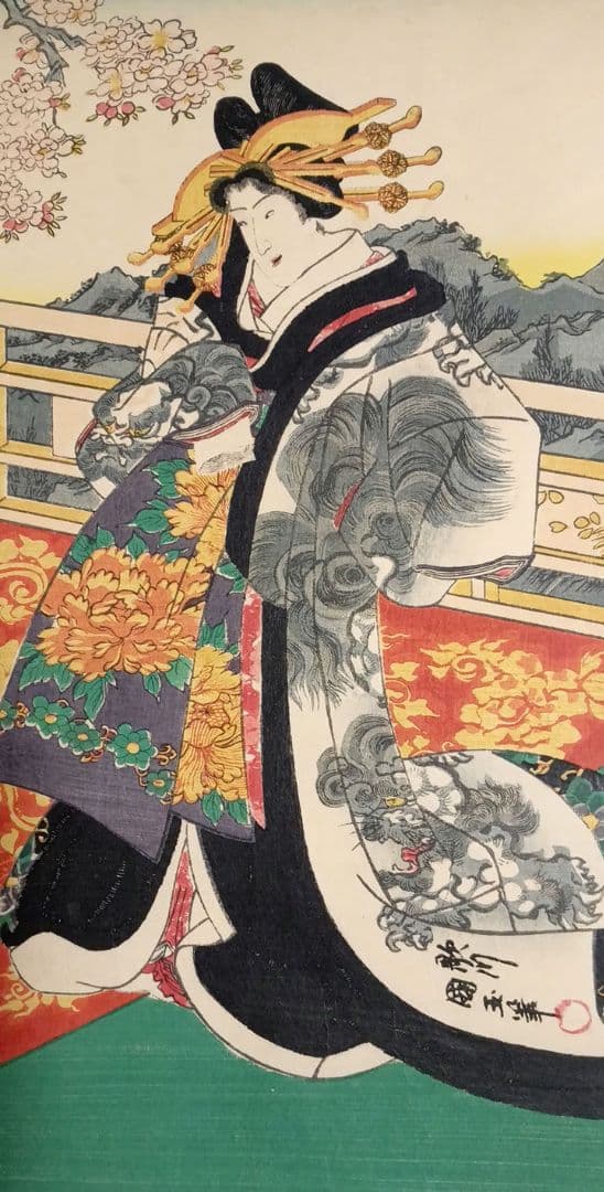 浮世絵版画、げんじ今様絵巻三枚綴り 二代国貞と国玉の合筆安政5年（1858)出版