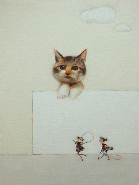 油絵 菅家令子 絵 絵画インテリア額付(青緑＋金色の枠)F4-091218猫女子