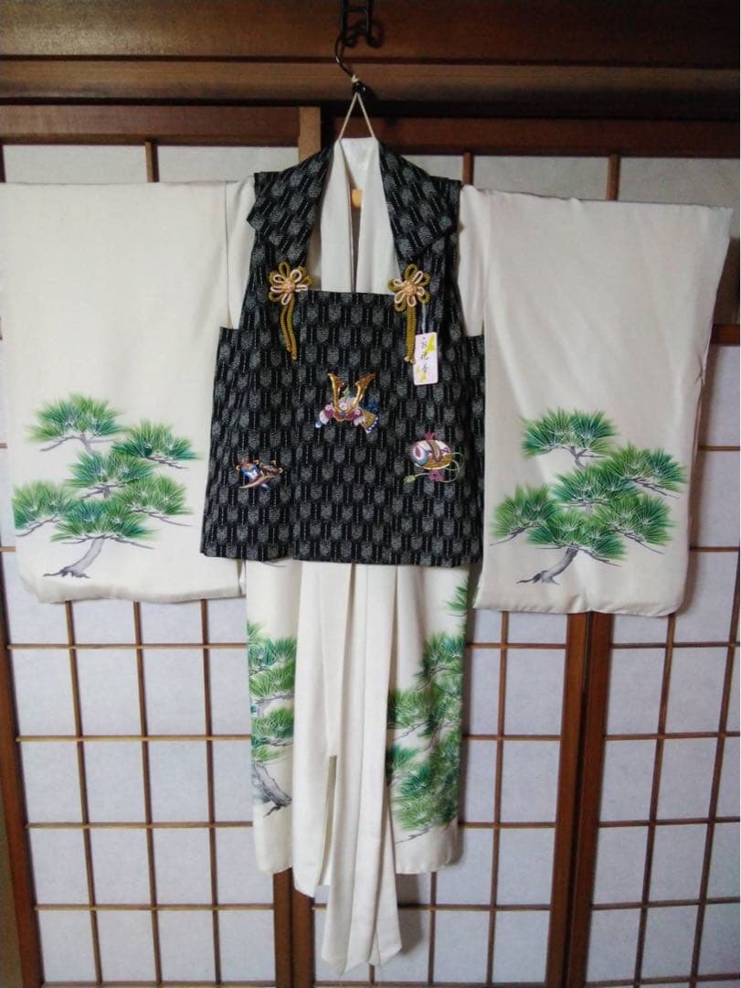 男の子用・3歳から5歳向け・表側正絹・お着物とお被覆セット・目立たない汚れあり