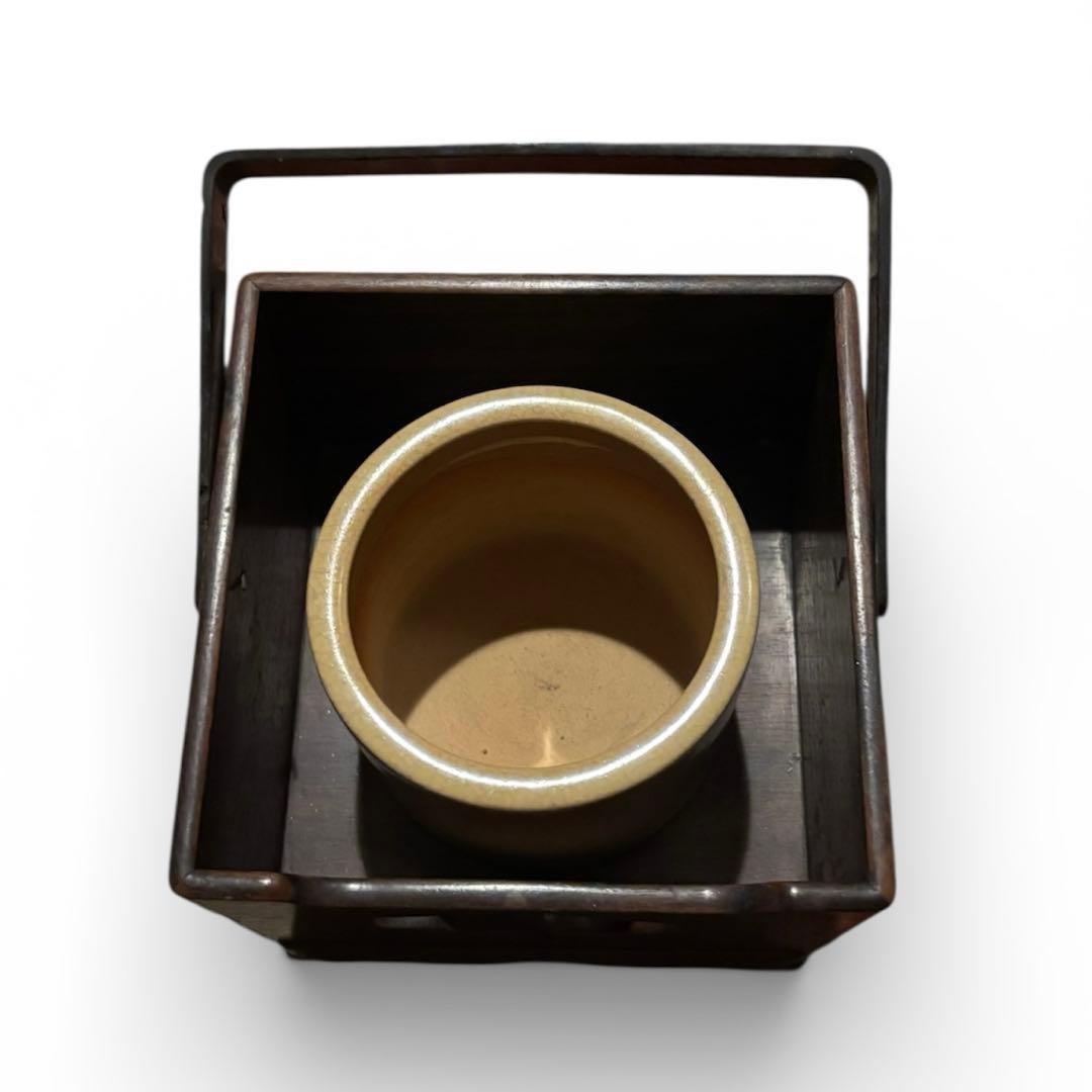 文房紫檀木牛毛紋　細密作　持ち手付き煙草盆 ➕火入れ　茶道具