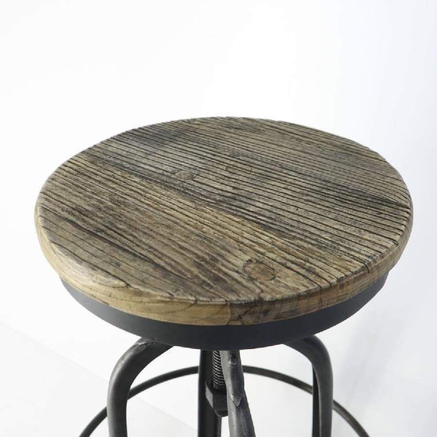 インダストリアル 昇降式 古木シート ハイスツール アイアン脚 足置きあり 2