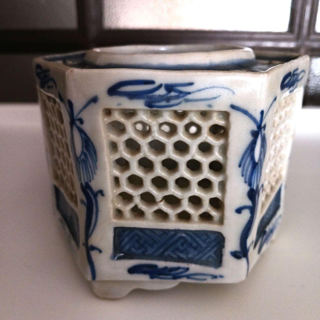 古伊万里　染付六角透かし盃台