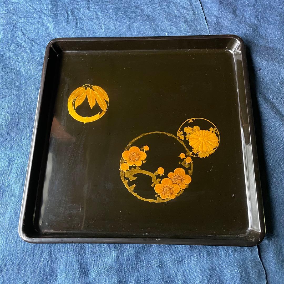 黒塗り四方盆 竹梅菊 30㎝×30㎝ 漆器 お盆 盆 木製漆器