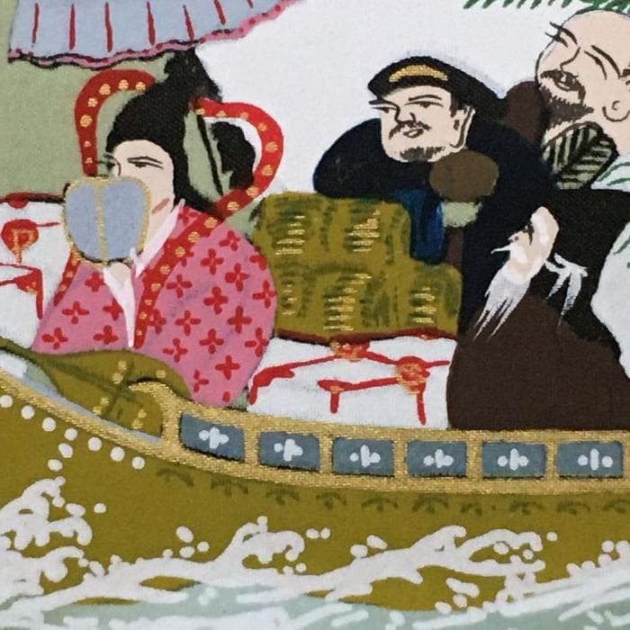 Y 中古 掛け軸 七福神 百鶴之図 紫峰作 鶴 朝日 松 宝船 天皇長寿記念 S