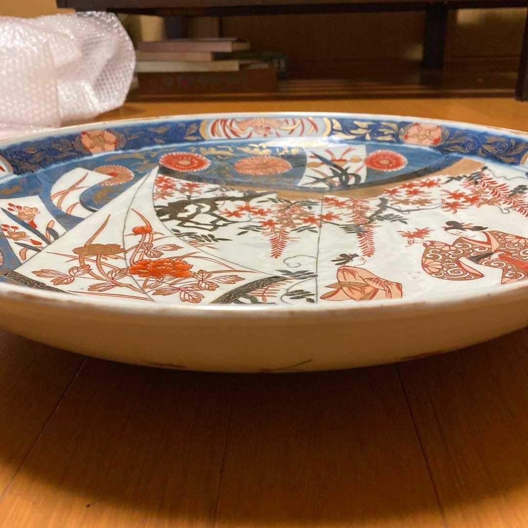 江戸時代　元禄　伊万里色絵窓抜美人花鳥図大飾皿