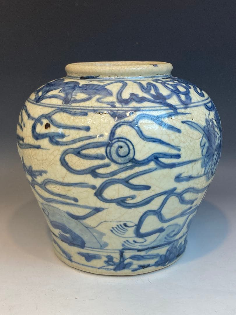 古染付龍獅子紋壷 明時代 中国古陶磁 花瓶