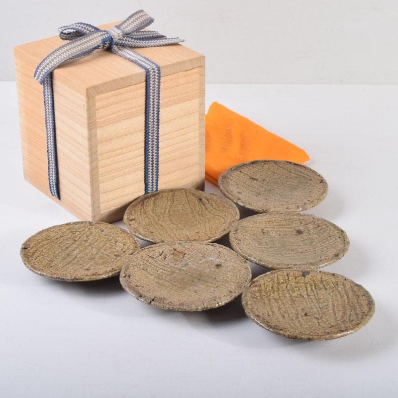 虫明焼　三つ足銘々皿　六客　時代箱　N　8673