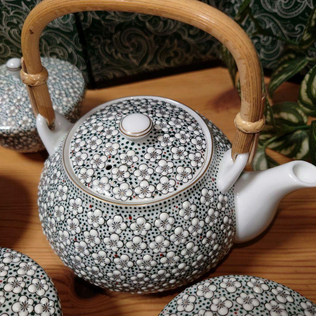 雅秀作 浦川雅秀 有田焼 玉彩 梅詰 茶器揃 急須 蓋付湯呑 4客 計 5点