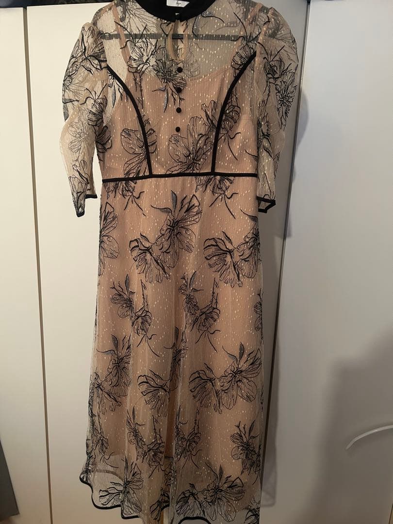 LEJA配色パイピング花柄ラメレースワンピースドレス