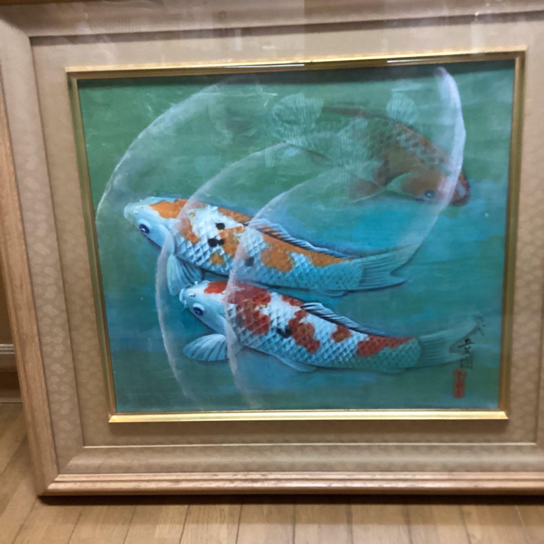 六代目　歌川豊国作　【　遊鯉図　】　木枠額装　日本画手描き板画