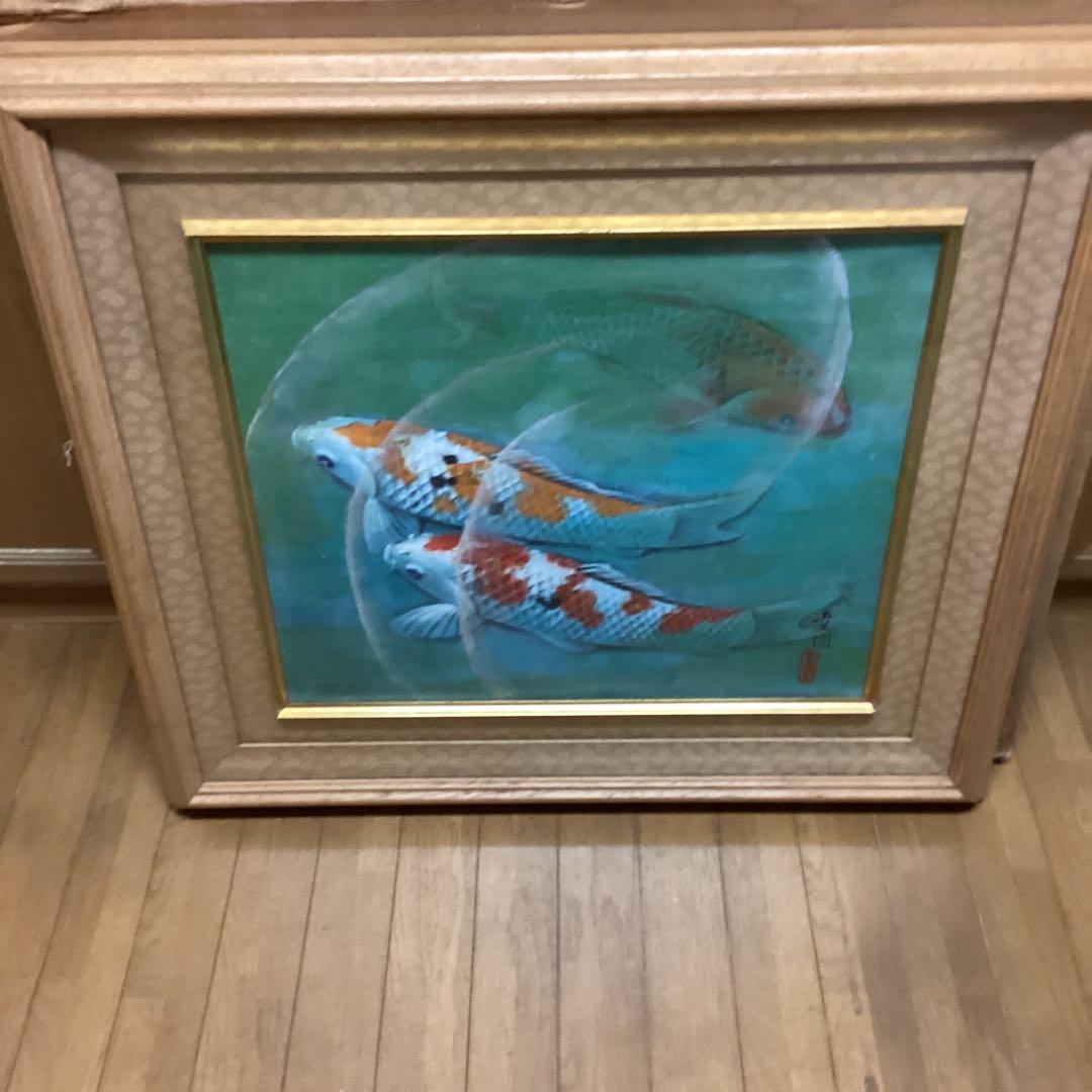 六代目　歌川豊国作　【　遊鯉図　】　木枠額装　日本画手描き板画