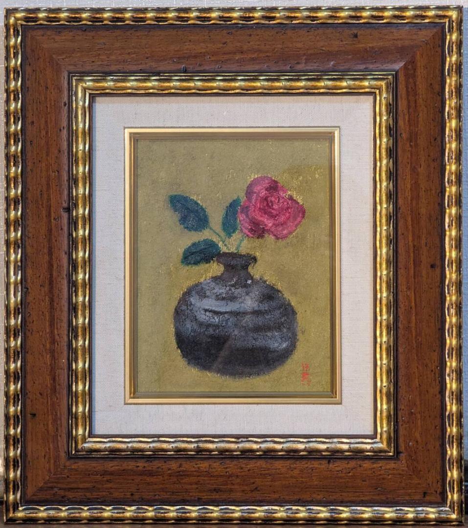 【真作】絵画　小口卓也　油彩0号　ばら　静謐な佇まいの静物画　箱・黄袋入　Y63