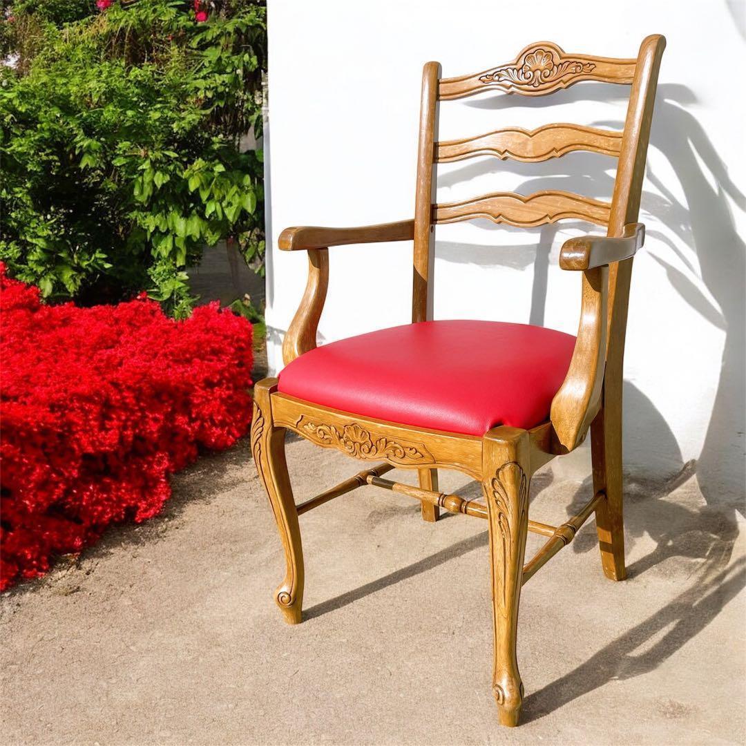 【極美品】フランスアンティーク アームチェア ダイニングチェア 猫脚 赤レザー①