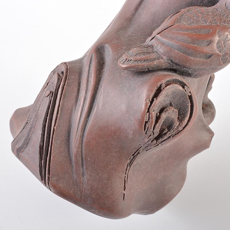 中国　紫砂　朱泥　梅に鳥彫　花瓶　在銘　V　R6460