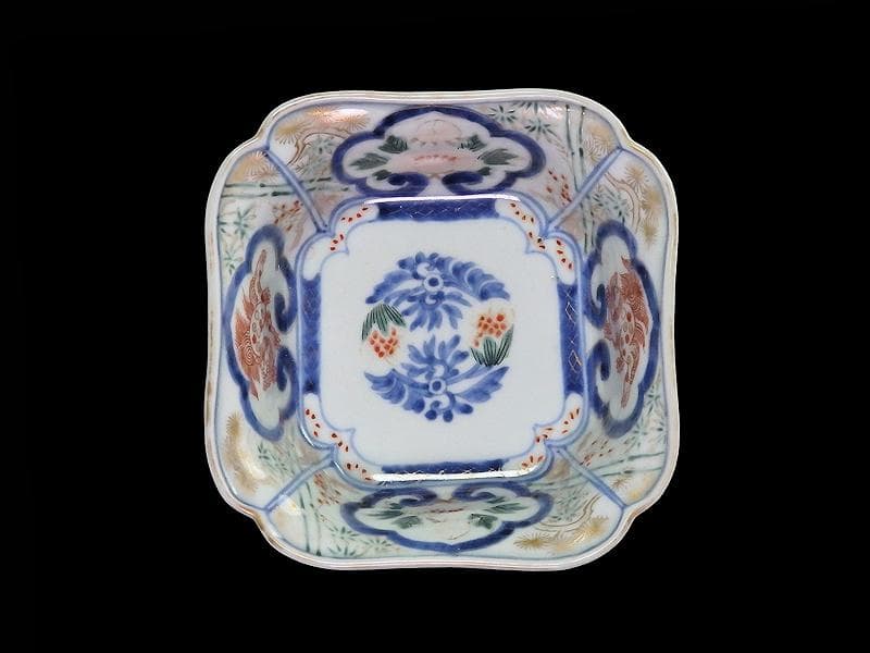 古伊万里　金襴手　窓絵　牡丹に獅子　松竹梅の図　四方角向付　B334AS-CVd