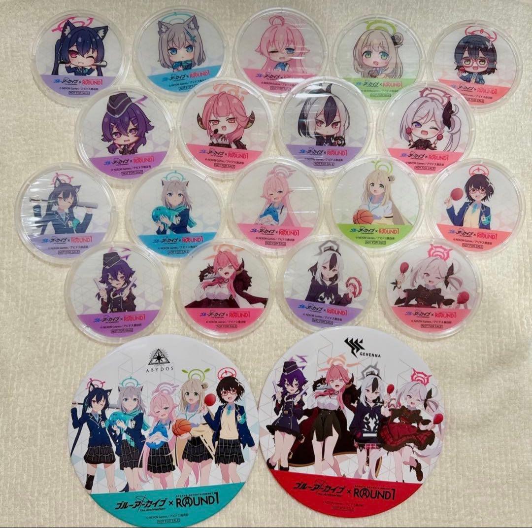 ブルアカ　ラウンドワン　アビドス　便利屋68 コースター　大型缶バッジ　コンプ