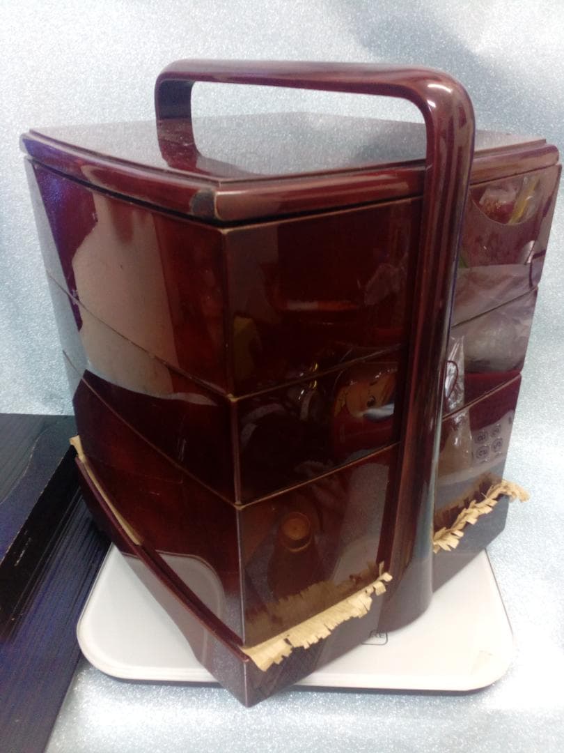 １８５３年江戸時代武家旧家蔵出天保年間他墨書有り朱色漆塗木製三段堤藍重箱当時物品