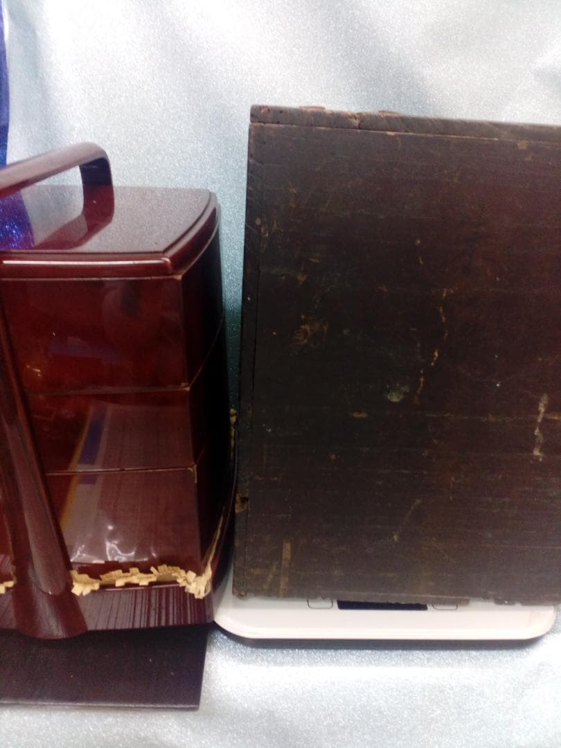 １８５３年江戸時代武家旧家蔵出天保年間他墨書有り朱色漆塗木製三段堤藍重箱当時物品