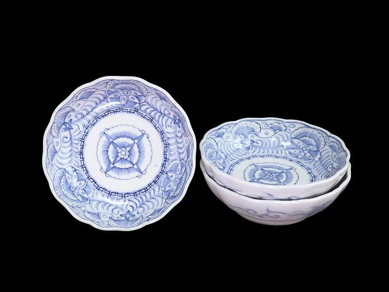 古伊万里　線描き　クルス紋に花の図　膾皿　３客　D505AS-CZp