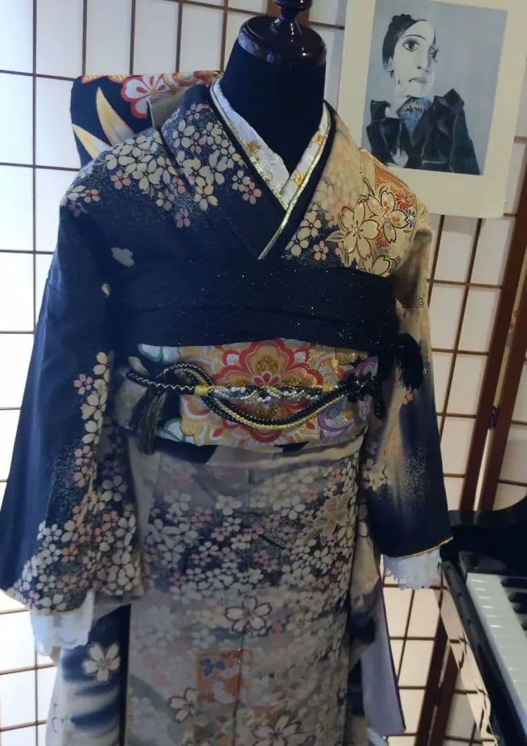 408黒　大正浪漫　夢二　桜　正絹振袖6点フルセット成人式卒業式結婚式