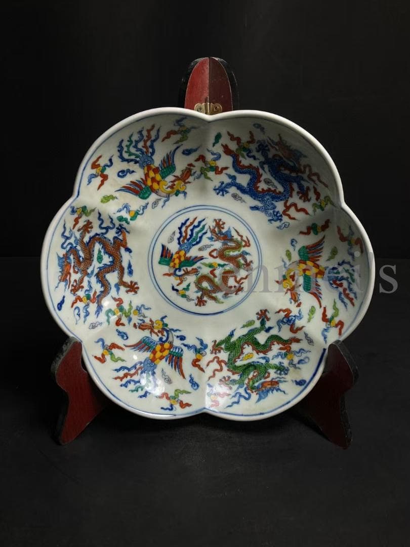中国古美術・五彩絵花口皿・花形五彩龍鳳皿・純手作り・陶磁器・茶道具・飾皿