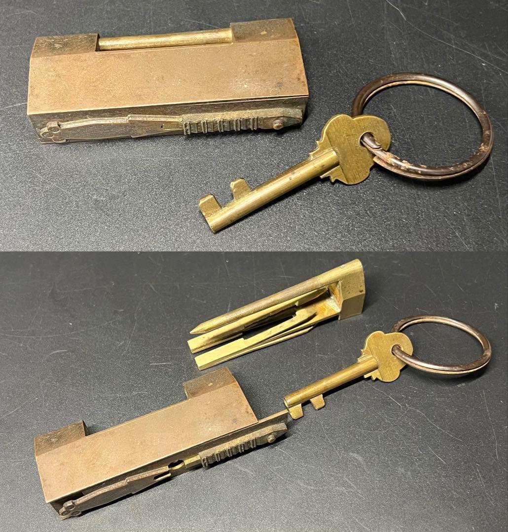 ◎古道具 庵々◎清末〜民国期 真鍮製カラクリ錠前 剣文様 ビットキー付◎珍品中国