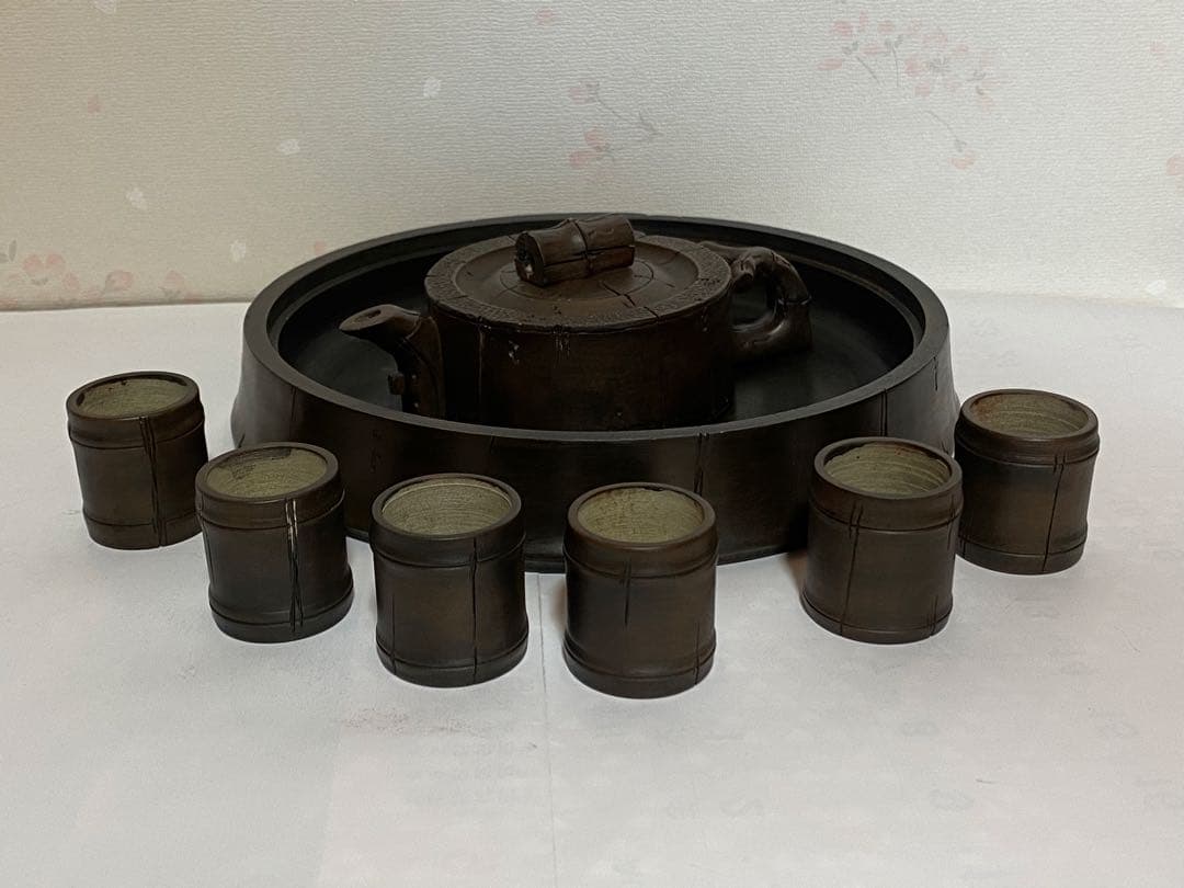 ♦中国？台湾 竹節形 茶道具1式 茶壺 茶碗 盆 急須 紫泥 煎茶道具 骨董品