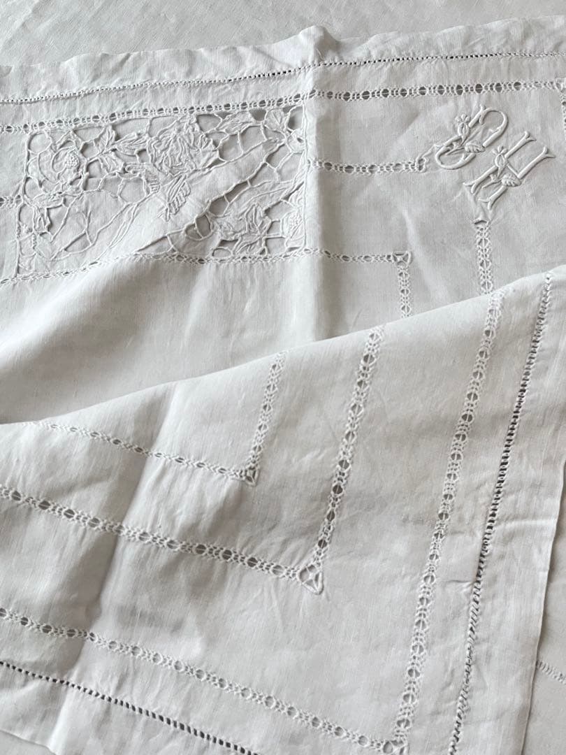 【美品】フランスアンティーク 天使と手刺繍OHモノグラムクッションカバー3151