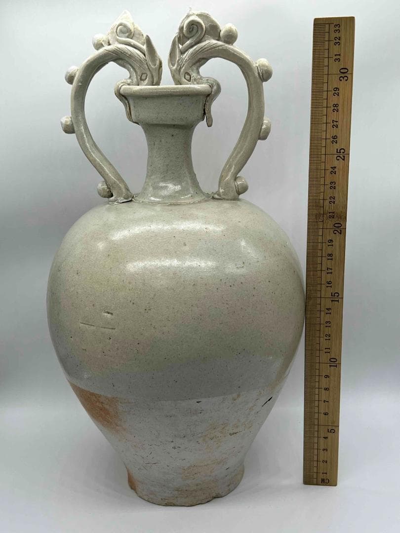 唐時代 白磁双龍耳大尊 巩県窯白瓷 【旧家旧蔵】　希少貴重　花入(B-68)