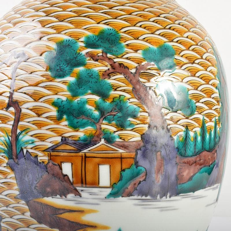 九谷焼　三代三ツ井為吉作　色絵山水紋　花生　共布共箱　M　R6752B