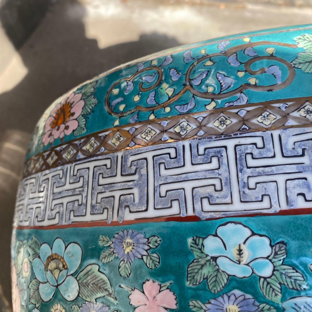 中国古玩　青系花柄陶器製水鉢37cm28cm
