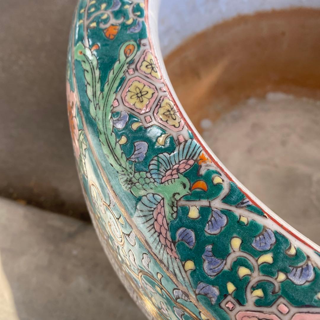 中国古玩　青系花柄陶器製水鉢37cm28cm