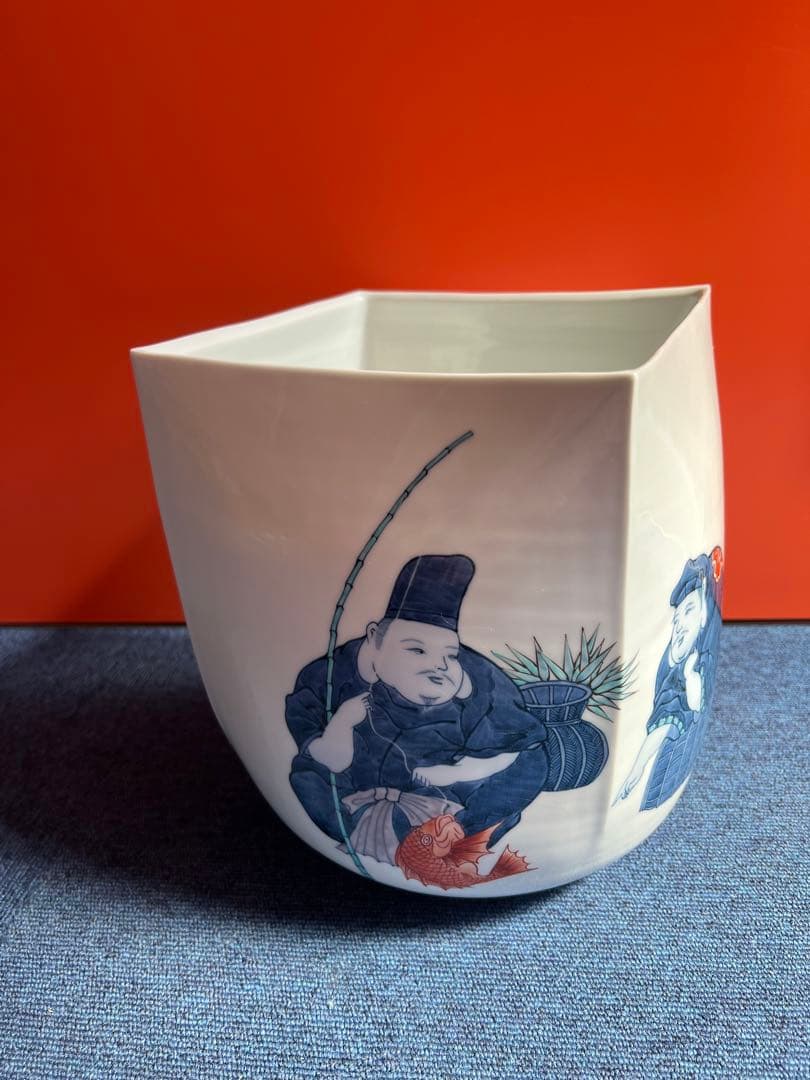 1073 藤井朱明作　色絵人物　花瓶　花生　未使用