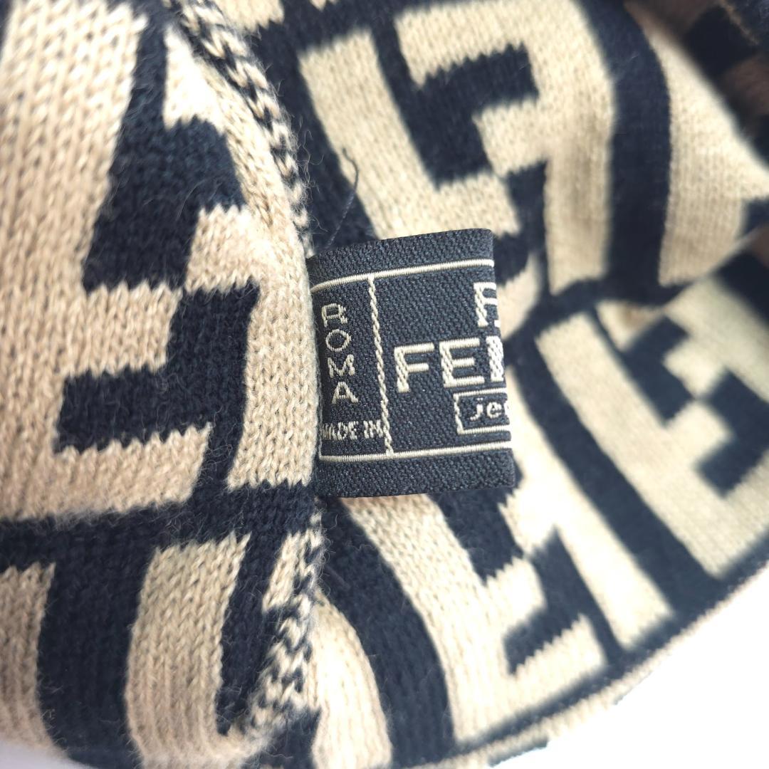 FENDI JEANS フェンディ ズッカ柄 ニット帽 ビーニー ベージュ×黒