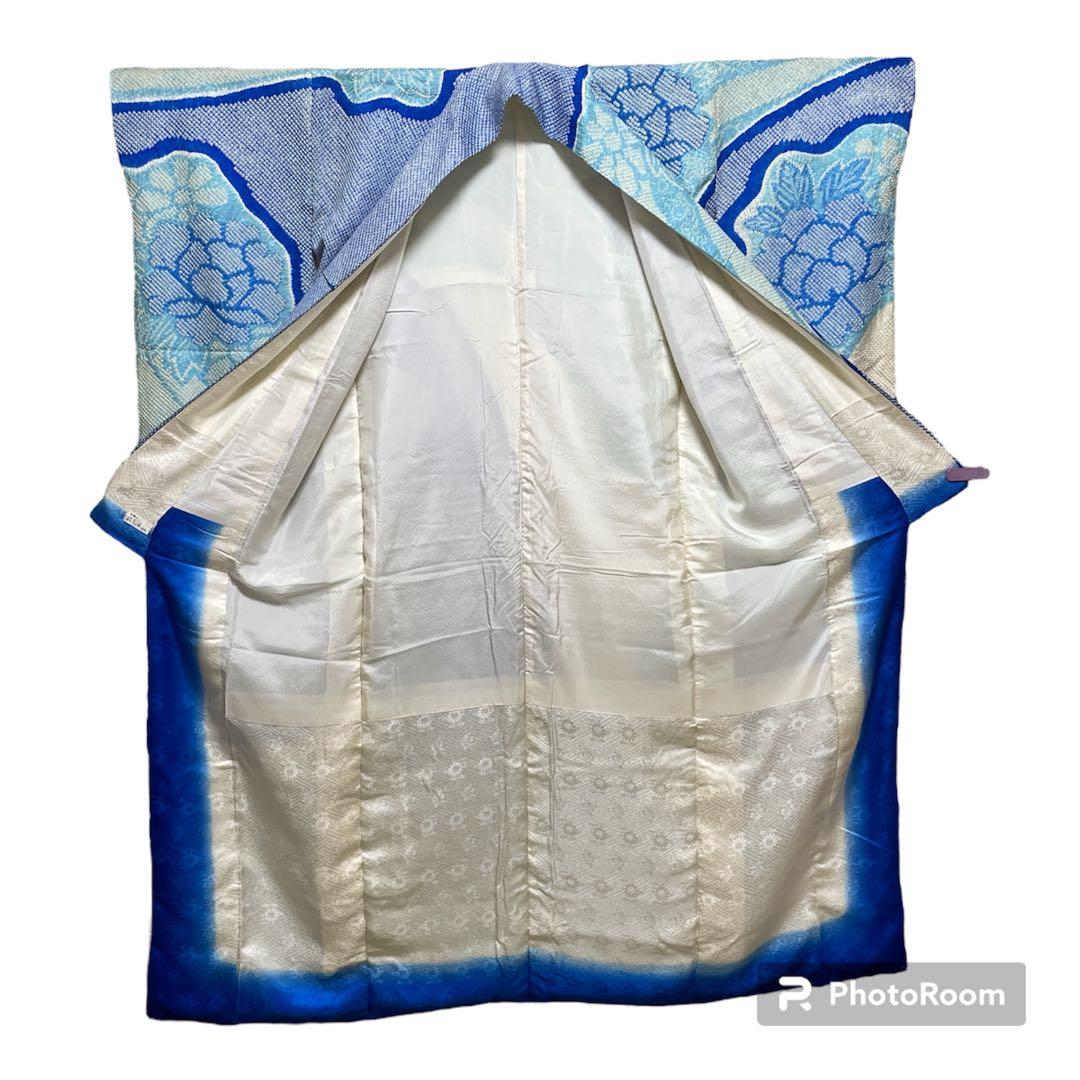 22141 【即購入OK】振袖　総絞りブルー系　呉服店誂え　セット可能【即発送】