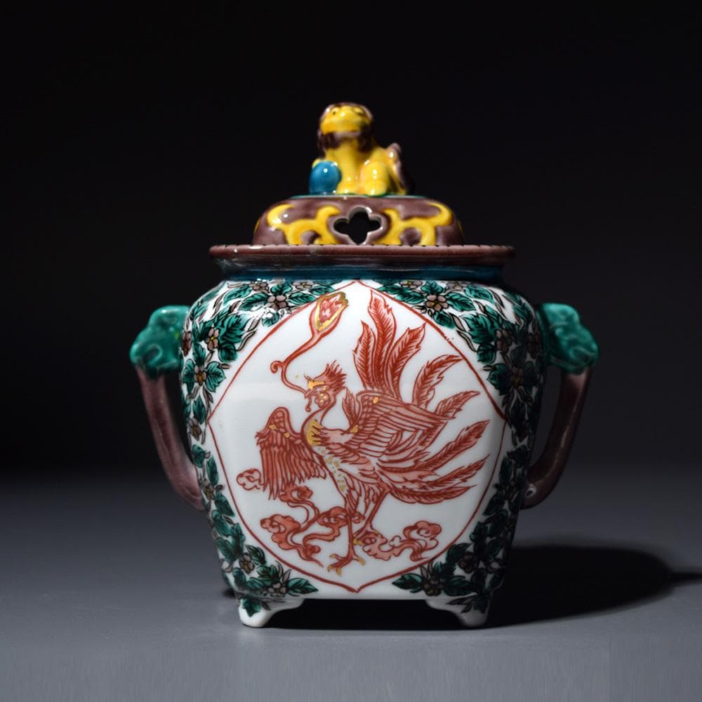 九谷焼 香炉 覚山 獅子摘 青手 鳳凰 獅子 香道具 茶道具 仏具