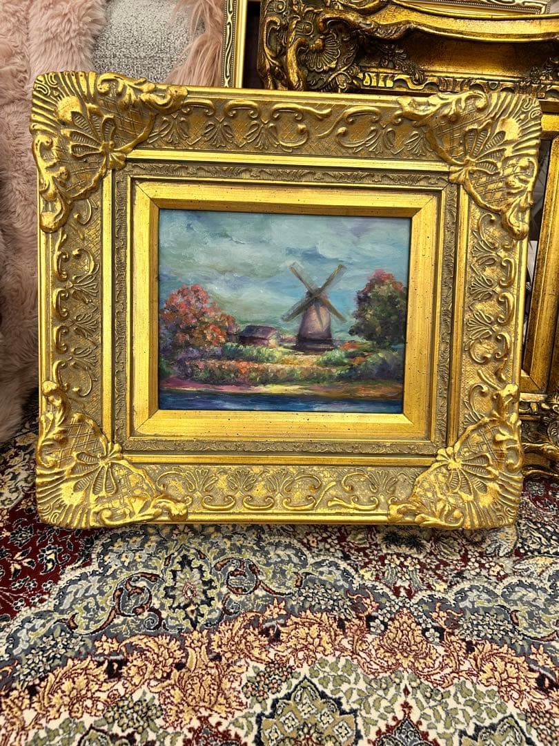 風車の油彩画 金色フレーム付き