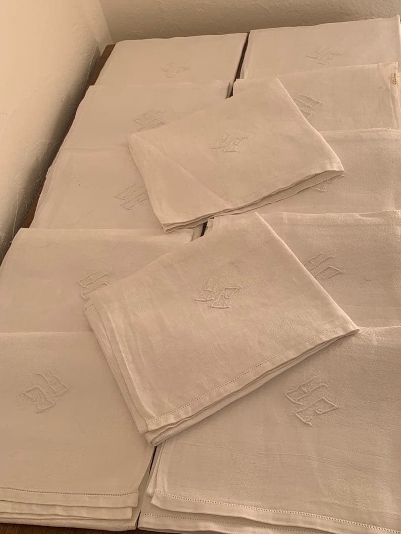 フランス　蚤の市　イニシャル刺繍　コットン　クロス　12枚セット