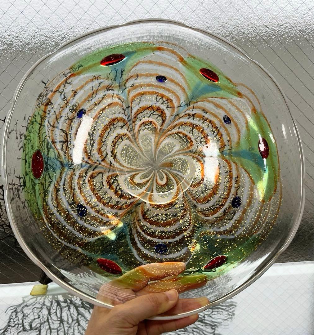 骨董　作家作品　象嵌　彩色　金彩釉　輪花　大皿　特大プレート　上野良樹