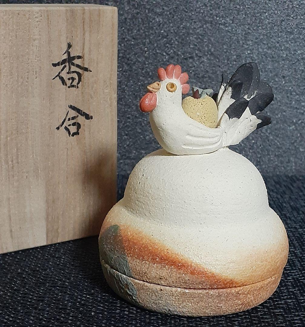 笠間焼【女流陶芸家】【小林一富美】作　にわとり　鶏　香合　共箱　茶道具　茶器