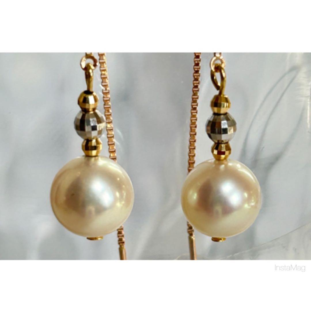 (M0111-2)K18アコヤ花珠真珠3ゴールドアメリカンピアス