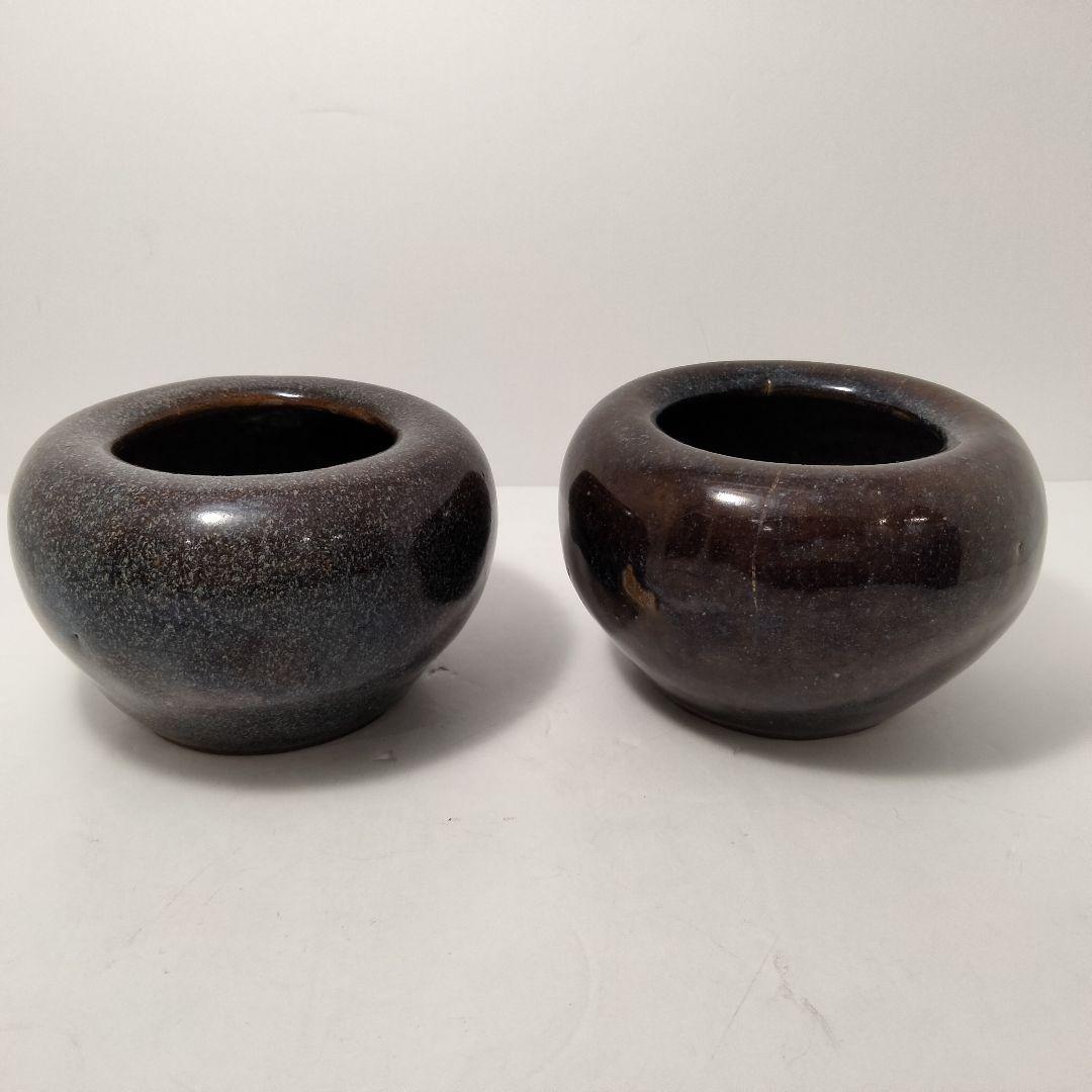 S390 中国 清代 葛明祥造 海鼠釉 火入一対 香炉 火鉢 木箱付　C