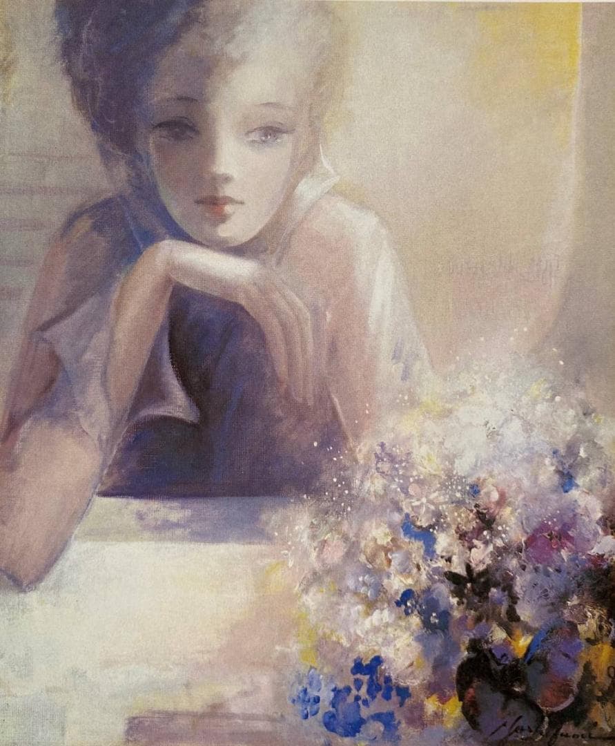 渡辺芳文、【窓辺】、希少な画集より、新品額装付、マット額装付き