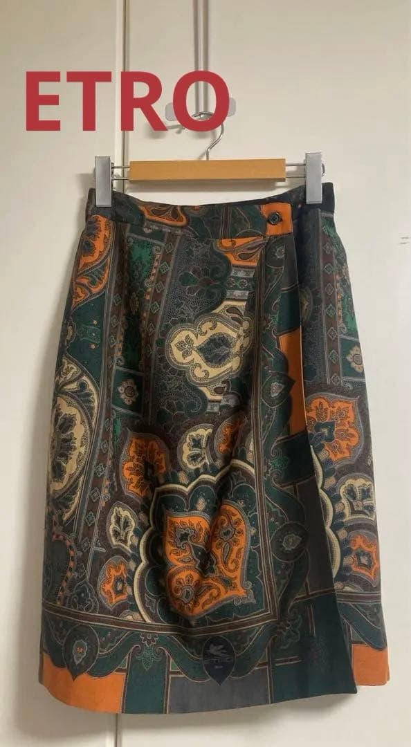新品同　エトロ　ETRO スカート 膝丈　渋グリーン　シルク混　ペイズリー　M