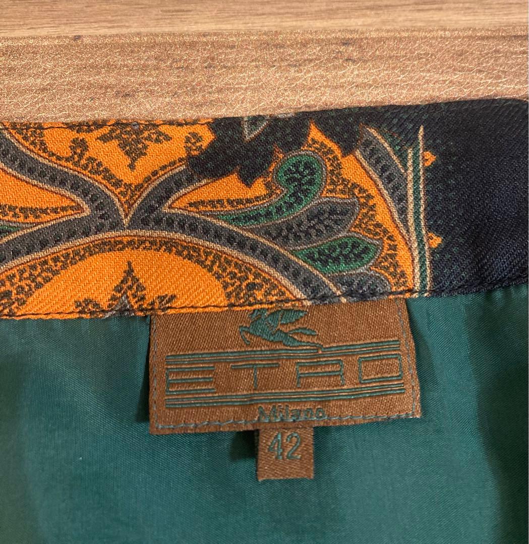 新品同　エトロ　ETRO スカート 膝丈　渋グリーン　シルク混　ペイズリー　M